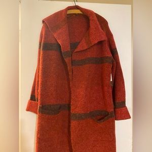 Cyrus women’s long open cardigan XL red w/2 stripes NWT
